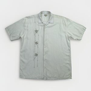 Haggar Mens 2XLT Linen Blend Palm Tree Embroidered Camp Shirt Beige Tall